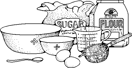 tekening van ingredienten met mengkom en lepels